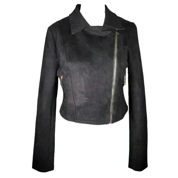 Vera & Lucy Tassel Faux Suede Black Moto Wing Collar Jacket Coat  Size M - Picture 5 of 13